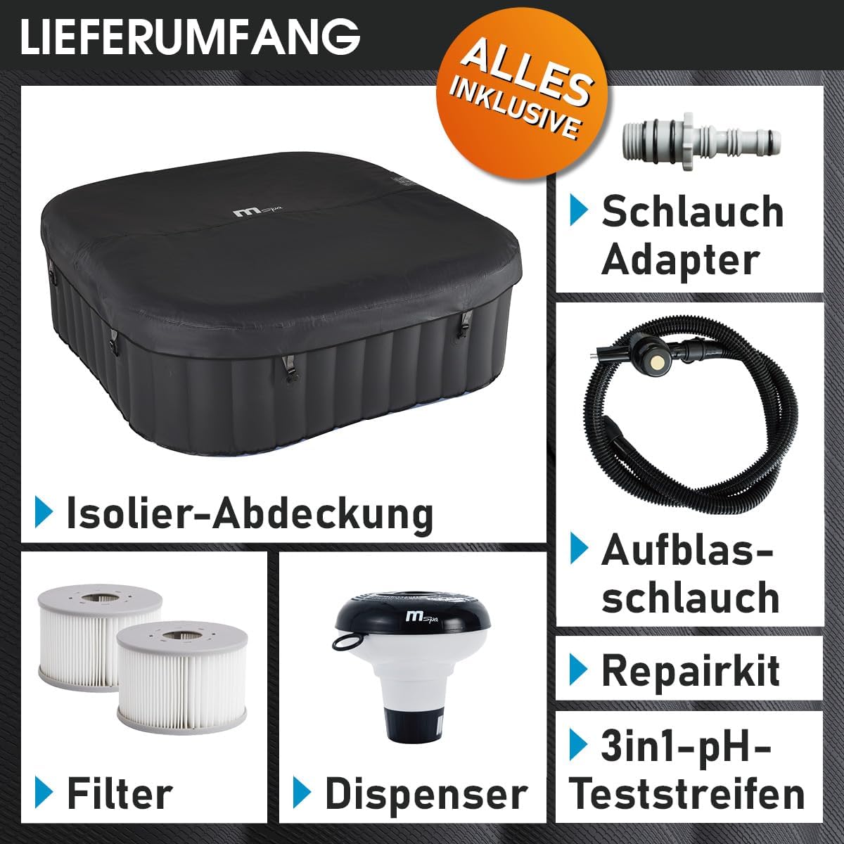 BRAST Whirlpool aufblasbar MSpa | 4-8 Personen | viele Modelle rund und eckig | Ø 125-224cm | In-Outdoor Pool | bis zu 144 Massagedüsen | inkl. Aufblasfunktion Abdeckung Timer Heizung | Tekapo6