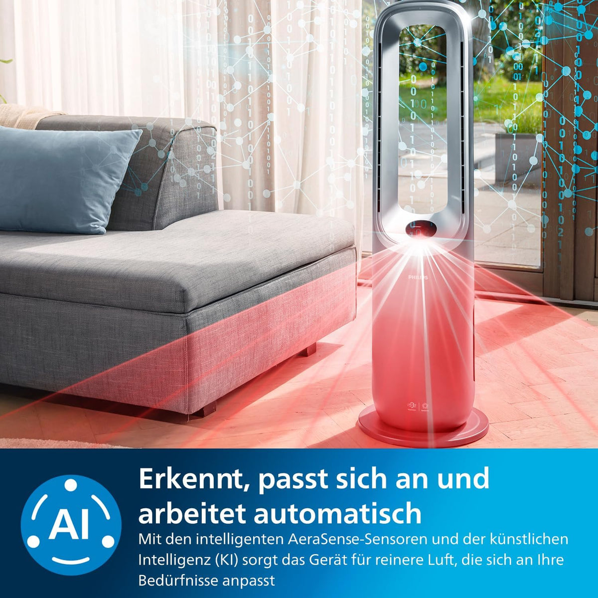 Philips Air Performer 3-in-1: Luftreiniger, Heiz- und Kühlgebläse - Reinigt 70 m², Entfernt 99,97% der Allergene und Schadstoffe. HEPA-Filter, Intelligente Sensoren, Alexa, App. (AMF870/15)