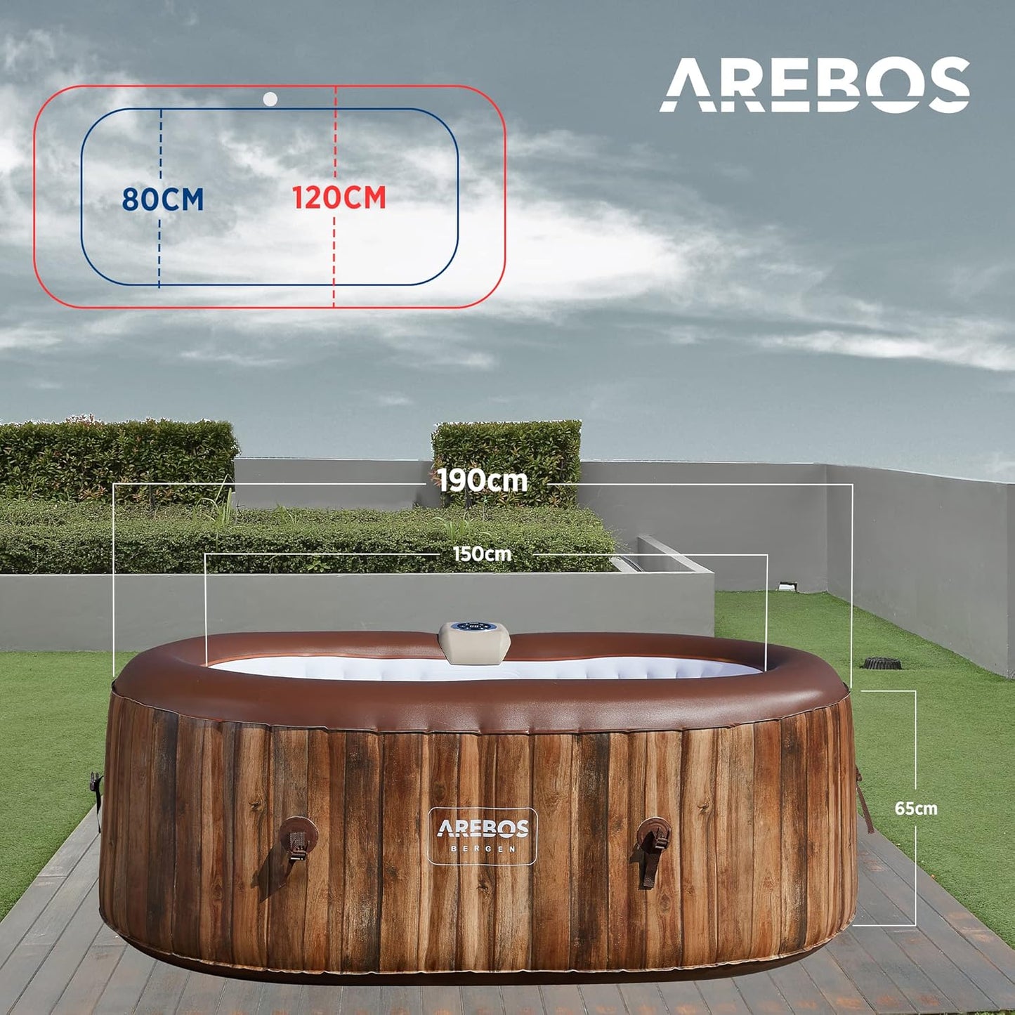 Arebos Whirlpool | Aufblasbar | In- & Outdoor | 190x120 cm oval | 2 Personen | 90 Massagedüsen | mit Heizung | 550 Liter | Inkl. Abdeckung | Bubble Spa & Wellness Massage