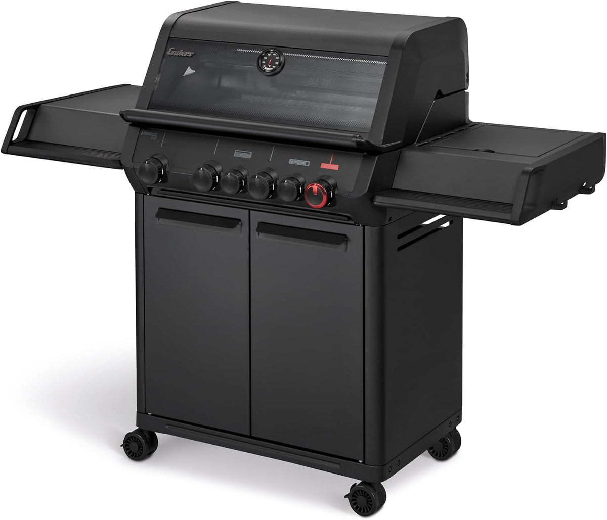 Enders® Gasgrill Monroe Pro 4 SIKR Turbo Shadow inkl. Seargrate, 4-Brenner, mit Kocher, Infrarot-Heckbrenner, PanoVision Sichtfenster, Gussrost, Aluguss Grill, 800 °C TURBO ZONE™, SIMPLE CLEAN™, #8366