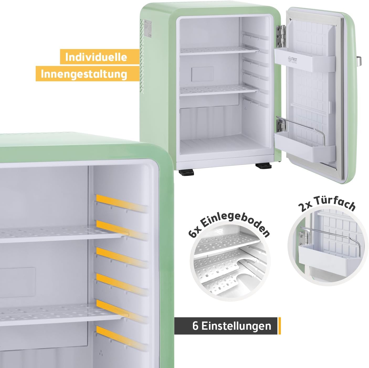 TZS First Austria - Retro Mini Kühlschrank 40L - Lautlos - Vintage Minibar für Schlafzimmer & Büro - mint