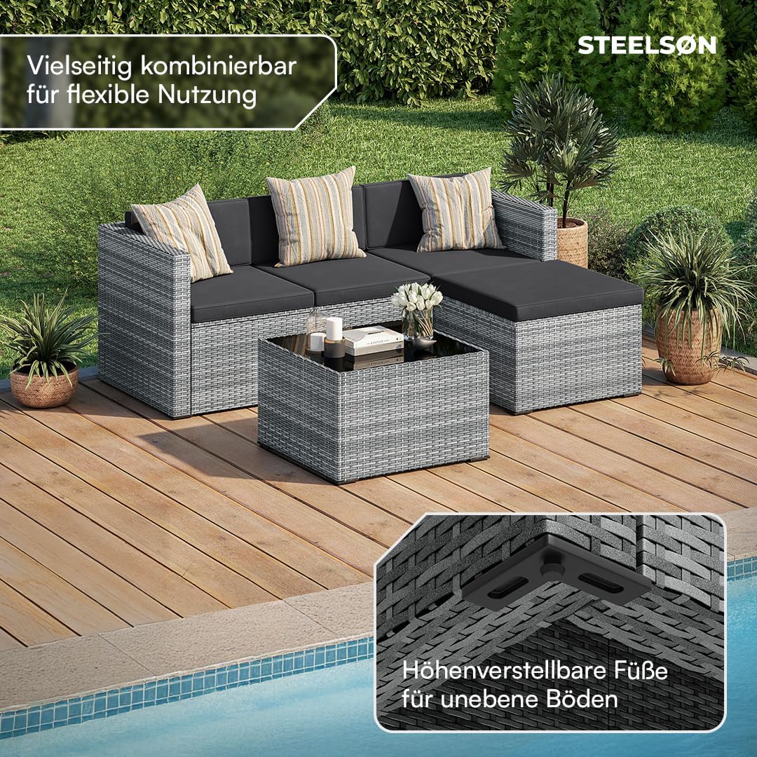 STEELSØN Zethora Rattan Gartenmöbel Set 3-TLG. – Outdoor Sitzgruppe für Garten/Terrasse/Balkon – Gartenlounge mit 3er-Sofa, Hocker & Tisch – Sitzgarnitur Set grau/anthrazit für 4 Personen