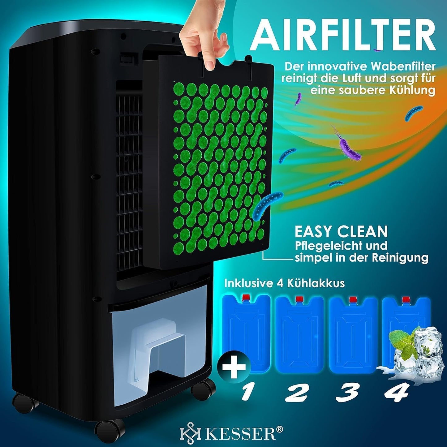 KESSER® Mobile Klimaanlage 4in1 Luftkühler – Air Cooler mit Fernbedienung & Timer, 10L Wassertank, Ionisator & Luftbefeuchter, Ventilator Klimagerät ohne Abluftschlauch, 3 Stufen inkl. Kühlakkus