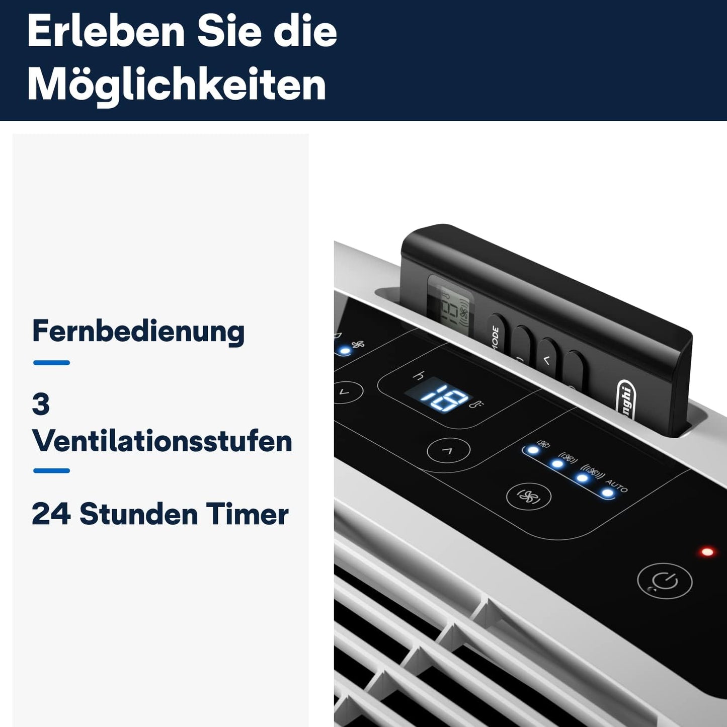 De'Longhi Pinguino - 3-in-1 Mobiles Klimagerät, für Räume bis 27 m², mit Luftentfeuchter & Ventilator, 9400 BTU, Leiser Betrieb, Fernbedienung, 24h-Timer, Energieeffizienzklasse A (PACEM82)