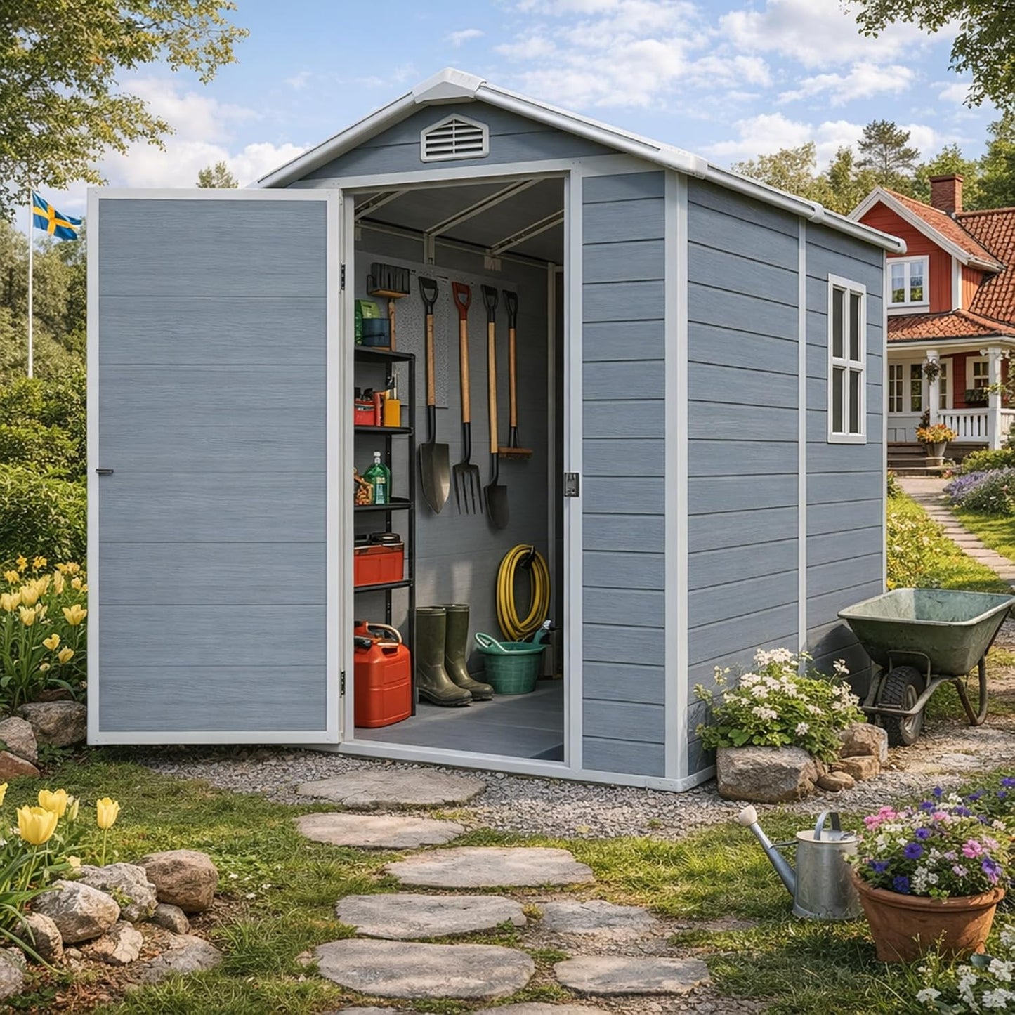 Gartenhaus Lönneberga 2,5m² Kunststoff | Polypropylen (PP) Geräteschuppen witterungsbeständig 124 x 191 x 167/199 cm (B x T x H) grau