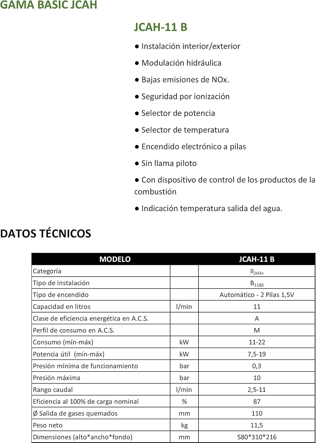 Calentador Atmosférico Butano 11Litros | Calentador de Agua a Gas Butano con Tiro Natural | Bajo NOx | Encendido Automático | JUNTEK