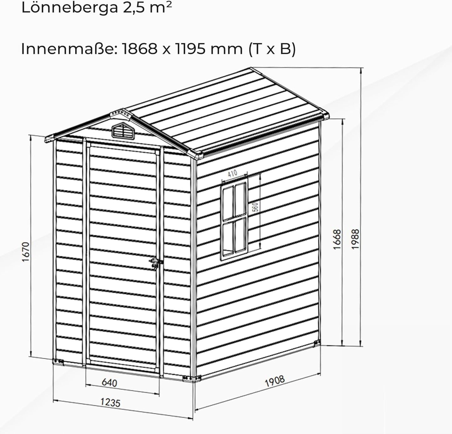 Gartenhaus Lönneberga 2,5m² Kunststoff | Polypropylen (PP) Geräteschuppen witterungsbeständig 124 x 191 x 167/199 cm (B x T x H) grau