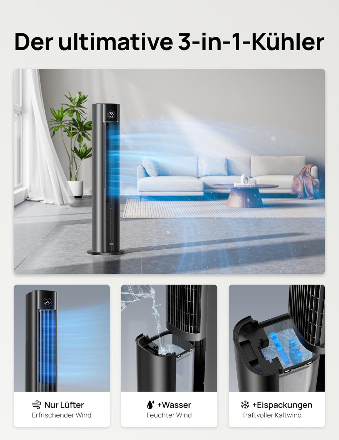 DREO Turmventilator mit Wasserkühlung, 110 cm Luftkühler mit Wasserkühlung Leise, 4-Geschwindigkeiten-4-Modi Verdunstungskühler, APP-Steuerung, Eisbeutel, 80° Oszillation, 12-Std. Timer, Schwarz
