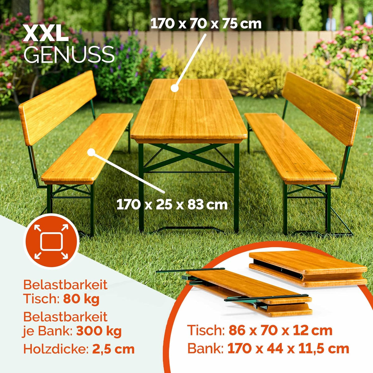 Casaria® Bierzeltgarnitur mit Lehne 170 cm Klappbar Stabil 2X Bierbank 1x Breiter Tisch Holz Biertischgarnitur Festzeltgarnitur Biergartengarnitur