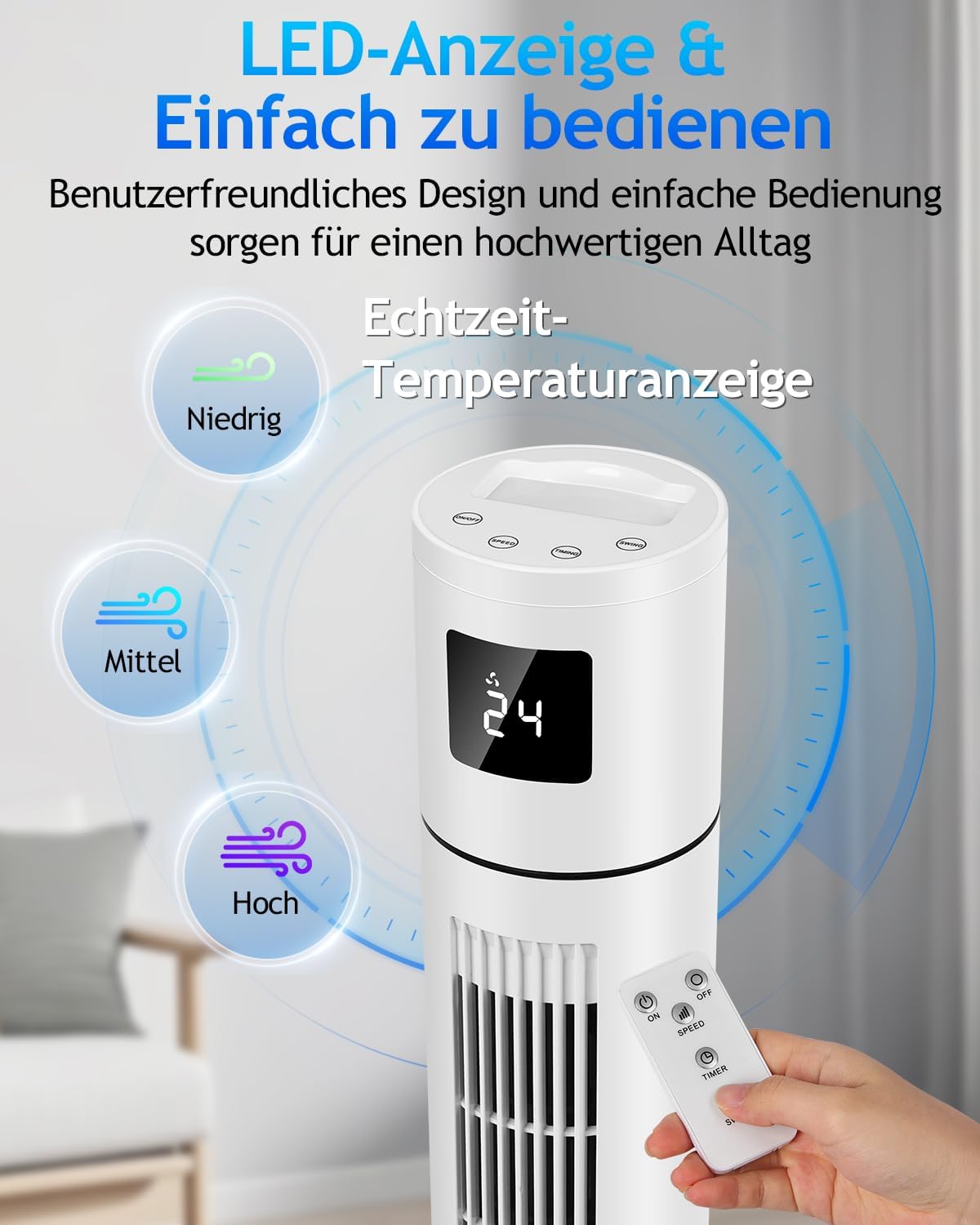 Timiyou Turmventilator 20dB Sehr Leiser für Schlafzimmer & Kühlung mit Fernbedienung | 3 Geschwindigkeitsstufen, 12h Timer, 60° Oszillation, Temperaturanzeige