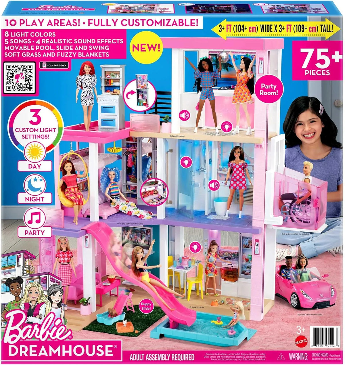 Barbie Casa de Muñecas Dreamhouse - con Piscina, Tobogán y Ascensor - Luces y Sonido - 75+ Piezas - 104 x 109 cm - Regalo para Niños de 3-7 Años, GRG93