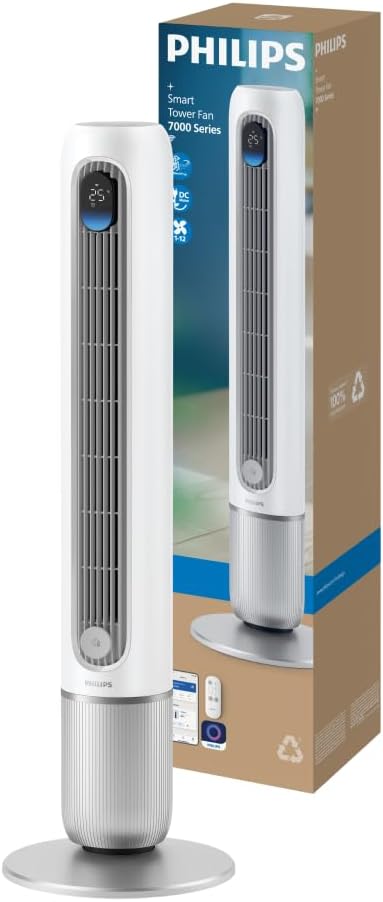 Philips Smarter Turmventilator 7000 Series – 8,4 m/s stark, ultraleise 22 dB, energieeffizient, App & Fernbedienung, Wlan, 12 Stufen, Schlafmodus, Temp‑Anzeige, 12‑h Timer, 80° Oszillation (CX7550/00)