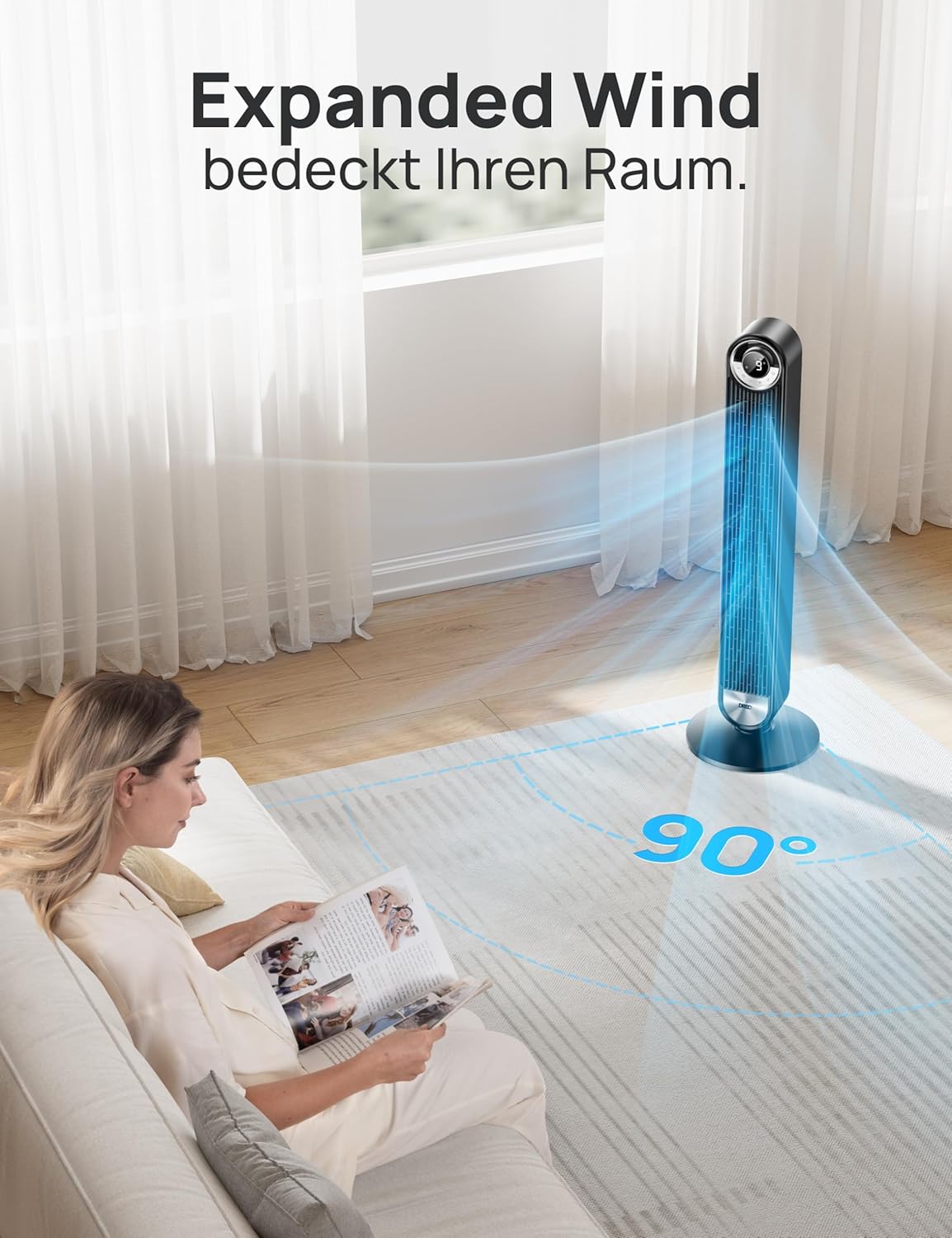 DREO 25 dB Leiser Smart Turmventilator, 106cm Höhe 4 Modi 9-Geschwindigkeit Max 7,9m/s 12H Timer 90° Oszillierender Ventilator mit Fernbedienung Sprachsteuerung Kühlung, Cruiser Pro T2S, Schwarz