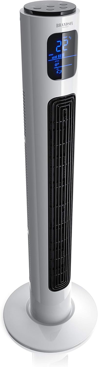 Brandson - Turmventilator mit Fernbedienung 96 cm - Preisträger 2026 - mobiler Lüfter leise - Standventilator mit Oszilation - 3 Geschwindigkeiten 3 Modi - Timer - Ventilator - GS - Perlweiß