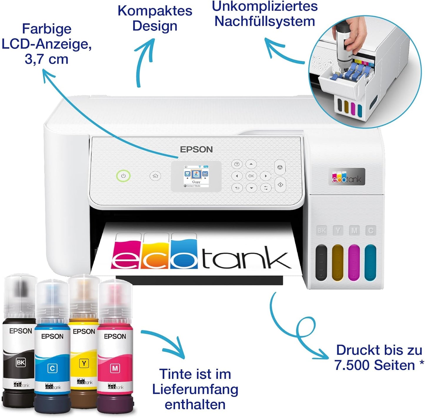 Epson EcoTank ET-2870 A4-Multifunktions-Wi-Fi-Tintentankdrucker, mit einem im Lieferumfang enthaltenen Vorrat an Tinten bis zu 3 Jahren