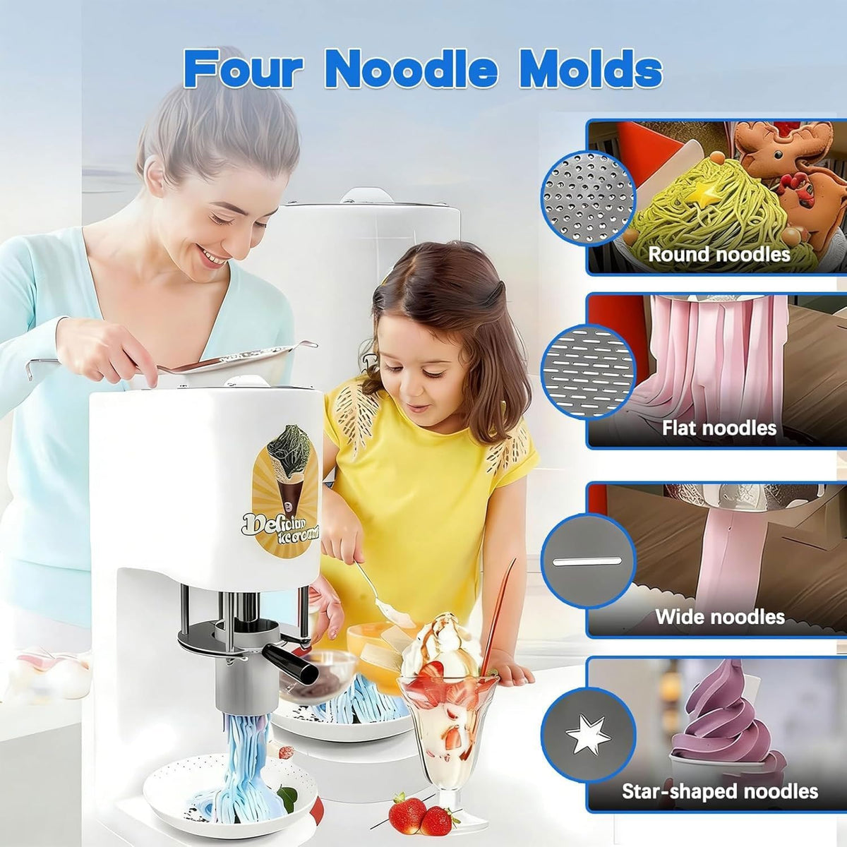Kommerzielle Spaghetti-Eismaschine, 28–30 l/h, professionelle Gelato-Eis-Nudelmaschine mit 4 verschiedenen Nudelformen, for Catering und Soft-Serve-Läden(Red)