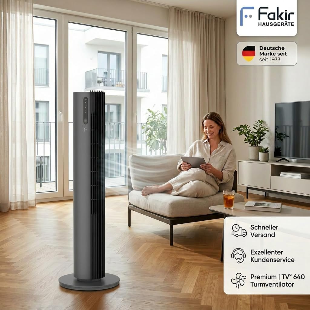 Fakir premium TV° 640 Turmventilator - Leiser Lüfter mit 32dB(A), DC-Motor, 12 Stufen, 12h Timer, LED-Display, Fernbedienung & 90° Oszillation, Luftreinigung, 450m³/h, 110cm Höhe, Farbe: Anthrazit