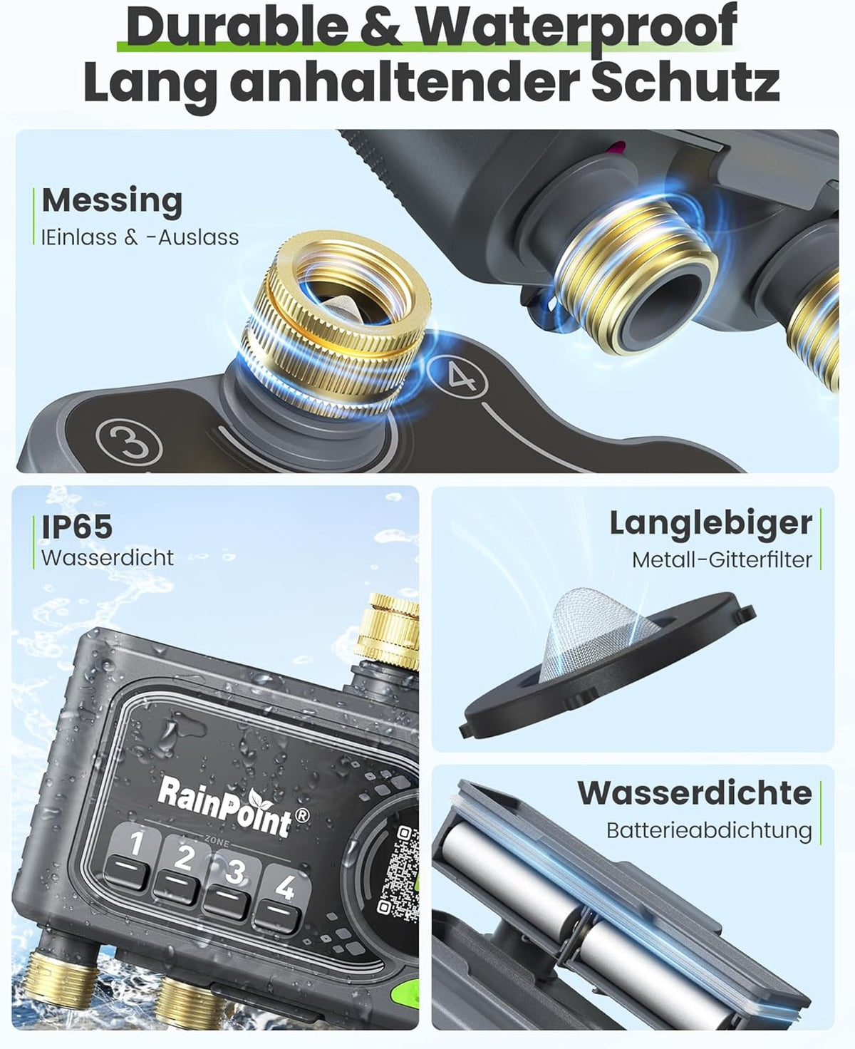 RAINPOINT Bewässerungscomputer WLAN mit 4 Ausgängen, Messing Ein- und Ausgang, Bewässerungsuhr 4 Zonen mit wetter- & bodenbasierter Steuerung, App- & Sprachsteuerung für Garten und Rasen