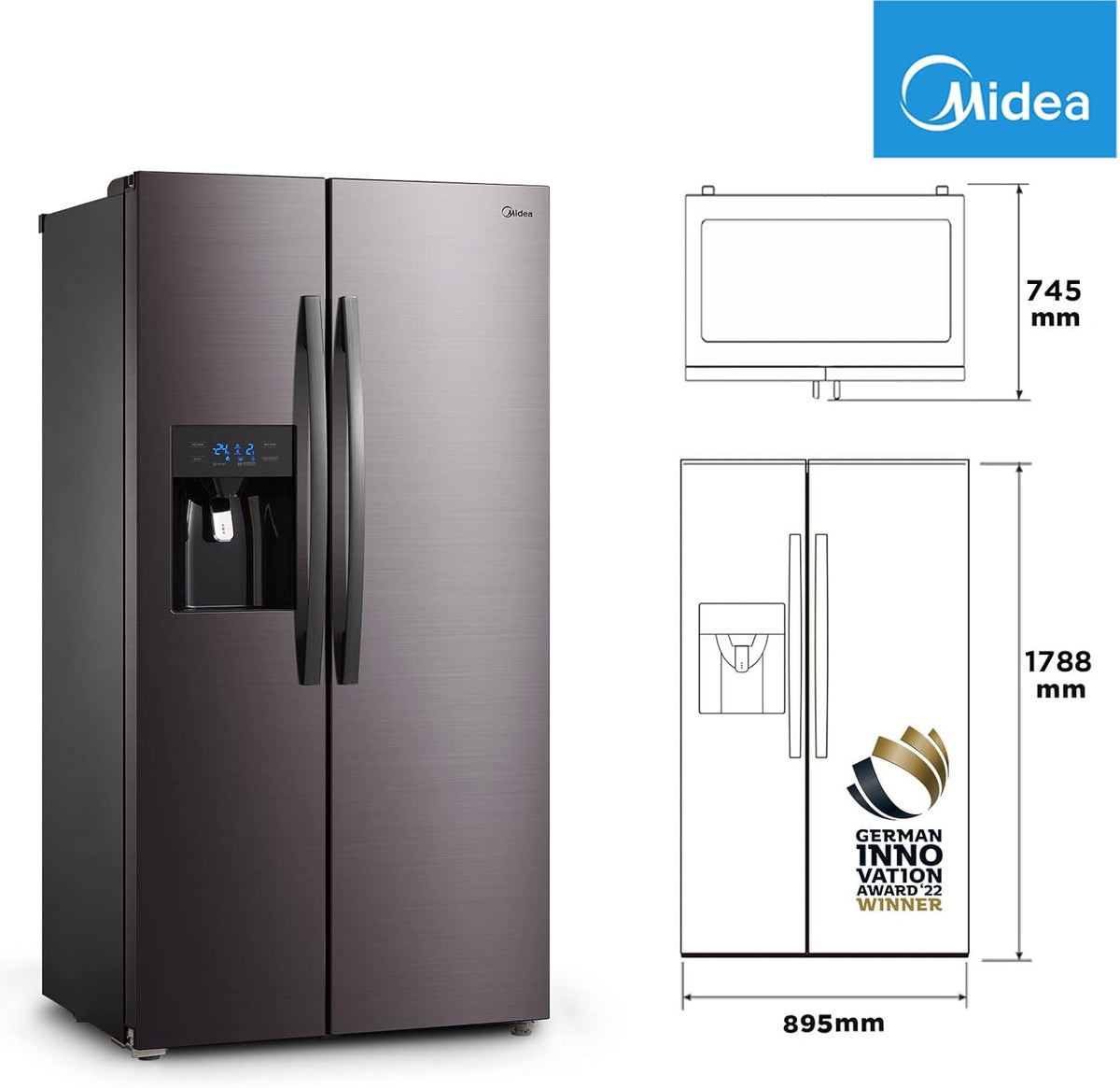 Midea KS-DDX 6.32 WT Side-by-Side Kühl-/Gefrierkombination/ 178,8 cm Hhe/ 254 kWh/Jahr/No Frost/Dual Inverter Compressor/mit 3in1 Wasser-/Eisspender und Wassertank, Dark Inox