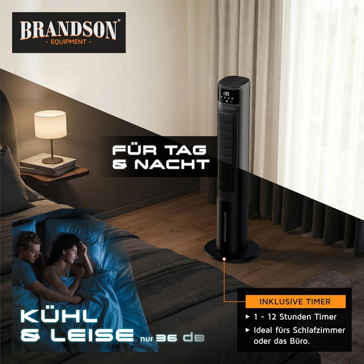 Brandson – mobiler Luftkühler mit Wasserkühlung im ECO Design - DC Motor sehr leise - 60% Energieeinsparung - Sieger Ventilatoren und Luftkühler 2026 - Turmventilator – Oszillation – Ion Funktion