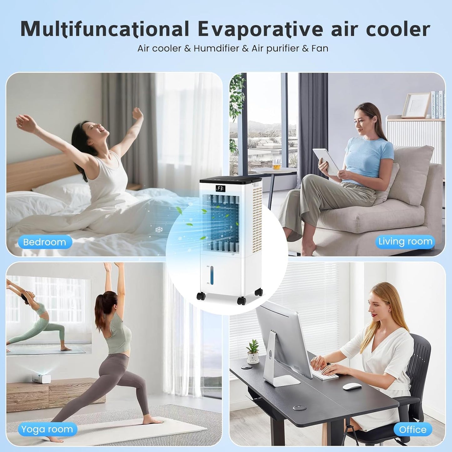 Aire Acondicionado Portátil sin Tubo, Enfriador de Aire Grande 4 en 1, 4 Modos 3 Velocidades, Climatizador Evaporativo 60W, Temporizadores de 1-12 H, con Control Remoto, 4 Ruedas para Hogar Oficina