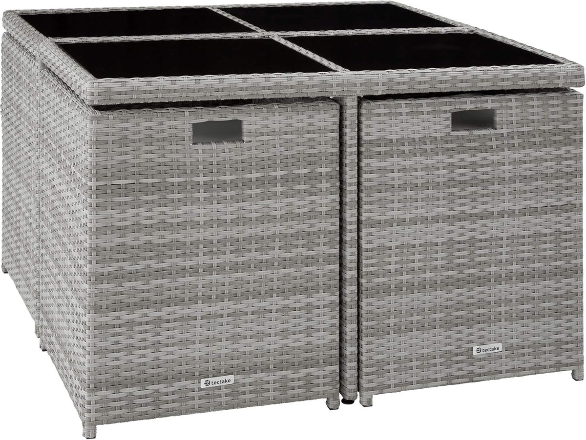 tectake® Lounge Möbel Set 4X Stühle, 4X Hocker, 1x Tisch, platzsparende Cube Aufbewahrung, Outdoor Rattan Gartenmöbel für Balkon, Garten und Terrasse, mit Abdeckung und Wechselbezügen - hellgrau