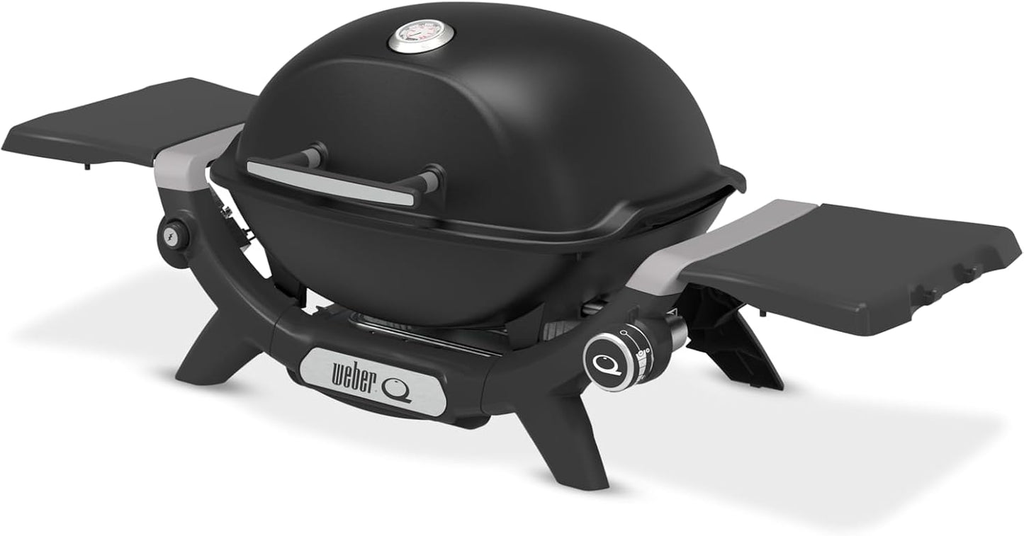 Weber Q 1200N Gasgrill mit Seitentischen/leichter Grill für Camping, Terrassen & Balkone mit Hochleistungsbrenner, porzellanemaillierten Gussrosten & elektronischer Zündung, Mitternachtsschwarz