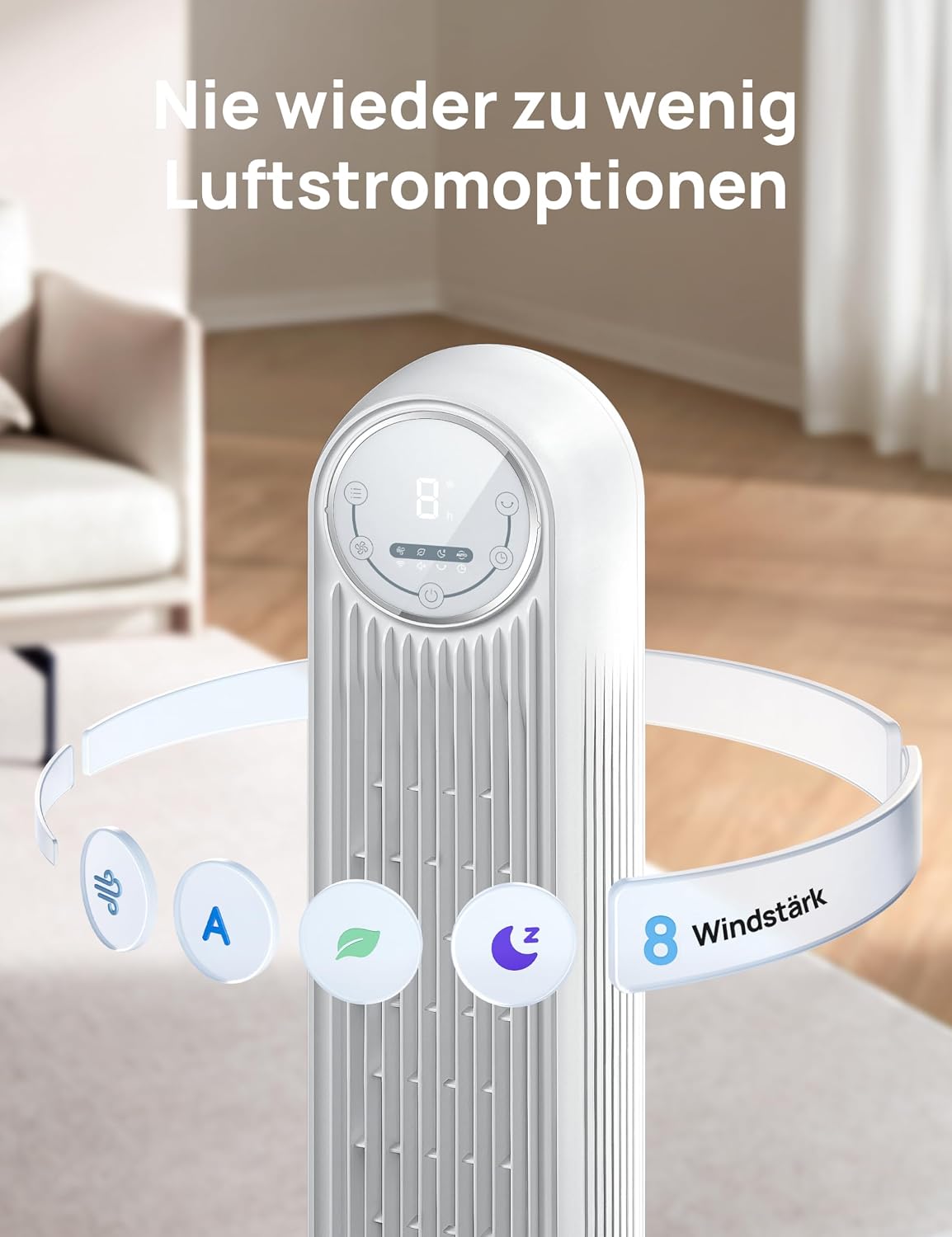 Dreo Smart 20dB Leiser Turmventilator, 10 m Wurfweite 4 Geschwindigstufen 4 Modi 8 Std. Timer 90° oszillierende Ventilator mit Kühlung WLAN & Fernbedienung für Schlafzimmer, Nomad OneS, Weiß