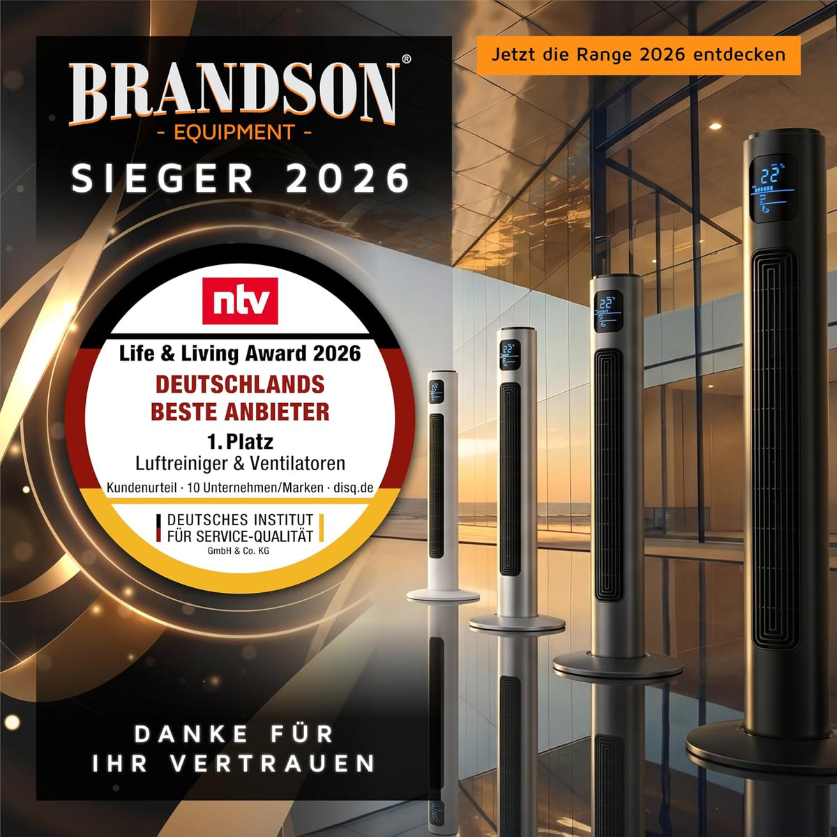 Brandson - Turmventilator mit Fernbedienung 96 cm - Preisträger 2026 - mobiler Lüfter leise - Standventilator mit Oszilation - 3 Geschwindigkeiten 3 Modi - Timer - Ventilator - GS - Perlweiß