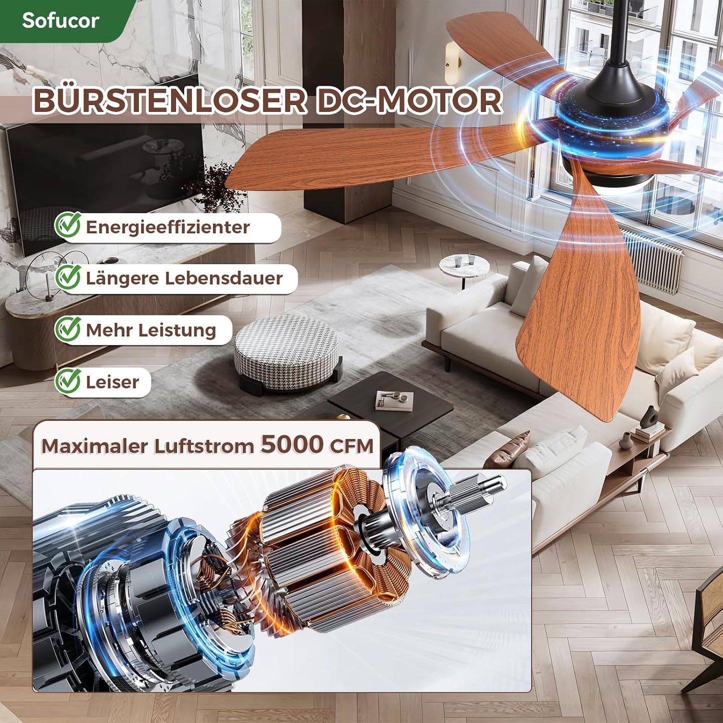 Sofucor Smart Deckenventilator mit Beleuchtung,132cm Deckenventilator mit Licht, Kompatibel mit Alexa/APP, Fernbedienung, 3 Farbtemperatur, Timer, 6 Geschwindigkeiten, Leise DC für Wohnzimmer