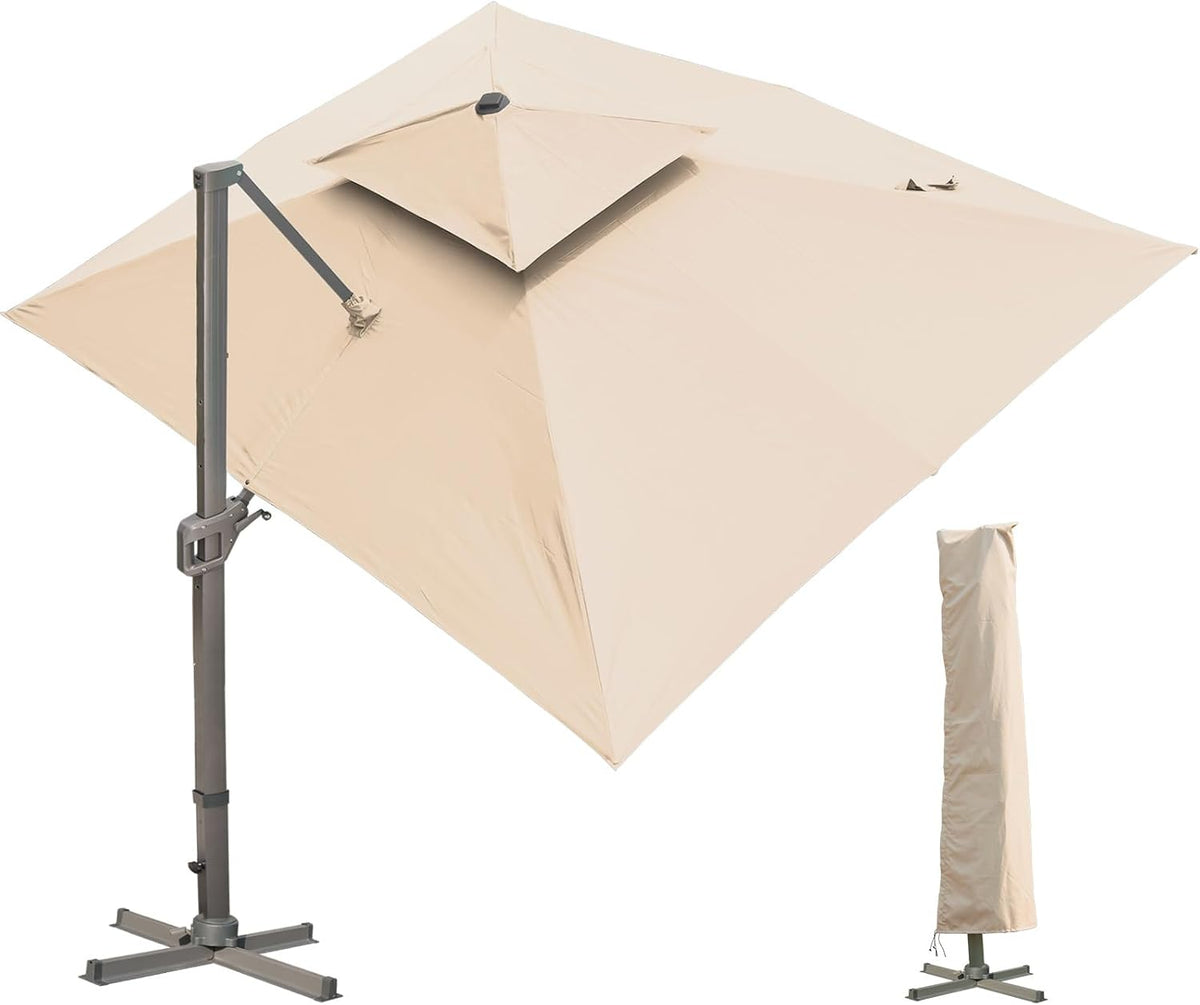 LKINBO Sonnenschirm 300 x 400 cm Rechteckig mit Ständer und Kurbel, Groß Ampelschirm Terrassenschirm 360°Drehbar Parasol Windfest Gartenschirm Wasserdicht Marktschirm für Garten Deck Outdoor, Khaki