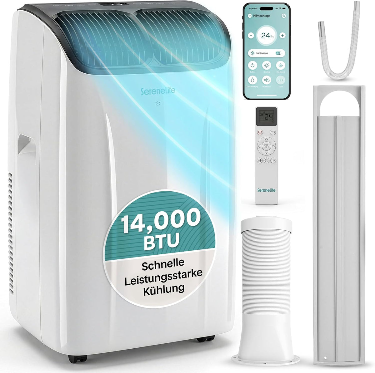 SereneLife Klimaanlage Mobil 14000 BTU – Kleine Klimaanlage für Zimmer bis 33 m² | WiFi | Kühlung, Entfeuchter & Ventilator | 51 dB