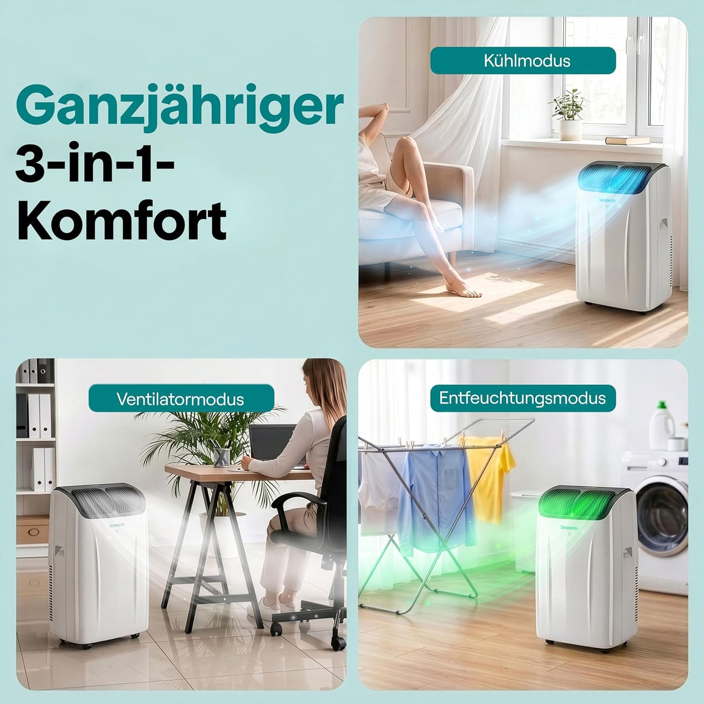 SereneLife Klimaanlage Mobil 14000 BTU – Kleine Klimaanlage für Zimmer bis 33 m² | WiFi | Kühlung, Entfeuchter & Ventilator | 51 dB