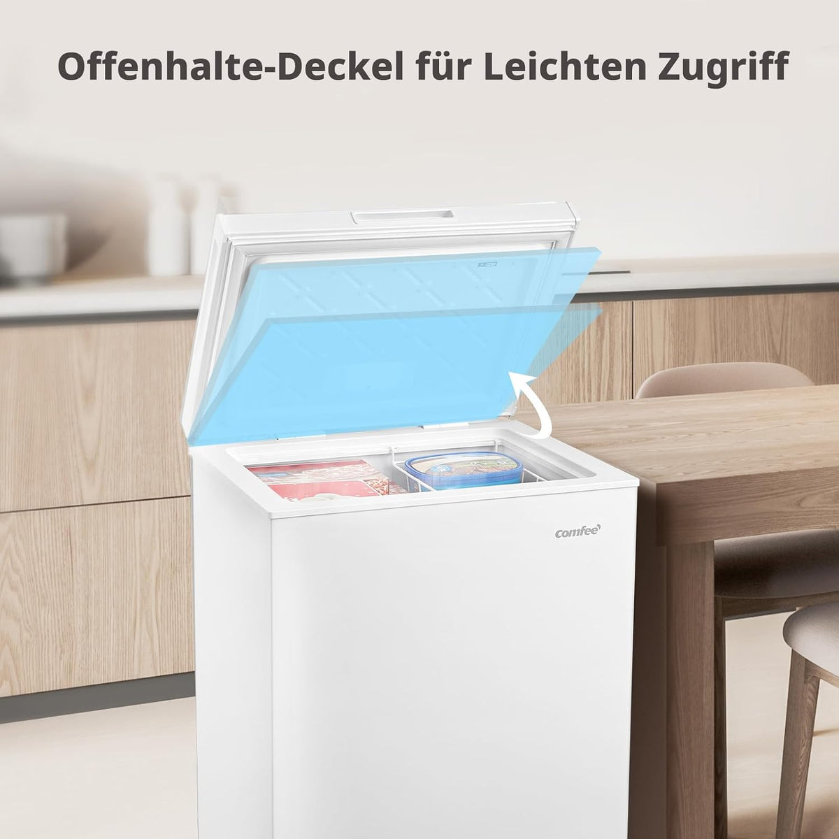 Comfee 198L Gefriertruhe, leise 37 dB, 4-Sterne-Gefrieren, Kühl-/Gefrier-Konvertierung (1–10°C / -24––12°C), 24‑h‑Schnellgefrierung 9kg, Energiesparender Inverter-Kompressor, Aluminium-Innenraum