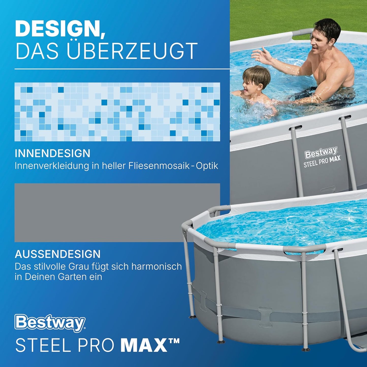 Bestway Power Steel Frame Pool Set mit Filterpumpe 305 x 200 x 84 cm, grau, oval