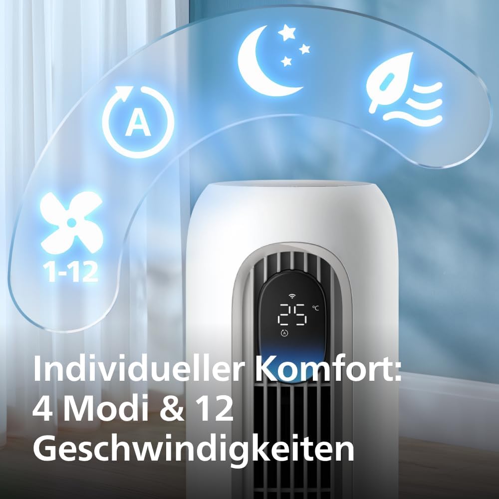 Philips Smarter Turmventilator 7000 Series – 8,4 m/s stark, ultraleise 22 dB, energieeffizient, App & Fernbedienung, Wlan, 12 Stufen, Schlafmodus, Temp‑Anzeige, 12‑h Timer, 80° Oszillation (CX7550/00)