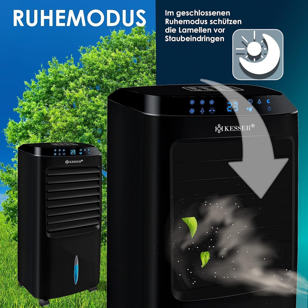 KESSER® Mobile Klimaanlage 4in1 Luftkühler – Air Cooler mit Fernbedienung & Timer, 10L Wassertank, Ionisator & Luftbefeuchter, Ventilator Klimagerät ohne Abluftschlauch, 3 Stufen inkl. Kühlakkus
