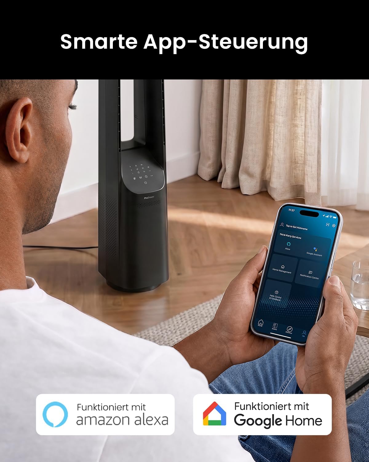Pro Breeze 101cm rotorloser Ventilator - Smart Home Ventilator mit WLAN, Fernbedienung, LED Display, 6 Geschwindigkeiten - Turmventilator sehr leise, 5 Betriebsmodi, Auto 60° Oszillation, 7h Timer