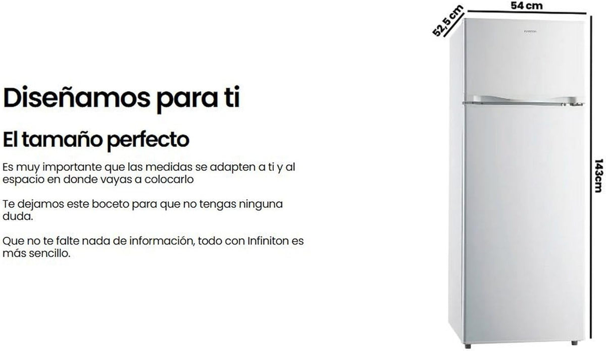 INFINITON Frigorifico Dos Puertas FG-A145B, 200 Litros, 143 cm de Altura, Defrost, LED Interior, E, Diseño con Tirador Integrado, Ancho 55 cm, Regulación en Altura, Puerta Reversible, Blanco