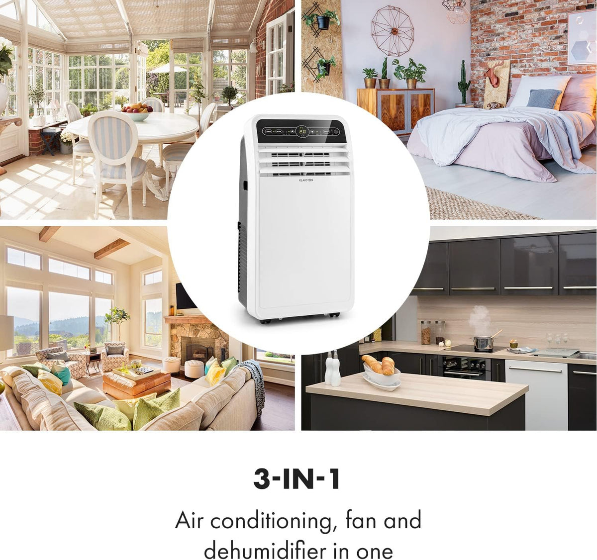 Klarstein Mobile Klimaanlage mit Abluftschlauch, 4-in-1 Klimagerät mit Ventilator, Luftentfeuchter & Nachtmodus, Kleine & Portable Klimaanlage für Wohnung & Büro, App-Steuerung, 12000 BTU