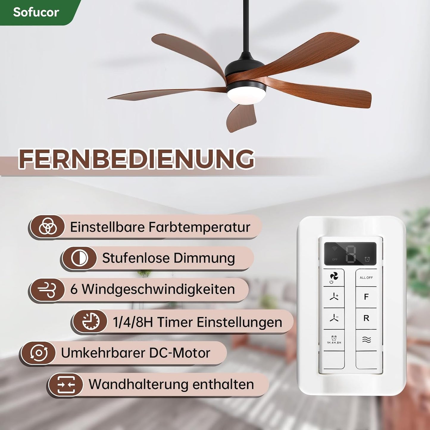 Sofucor Smart Deckenventilator mit Beleuchtung,132cm Deckenventilator mit Licht, Kompatibel mit Alexa/APP, Fernbedienung, 3 Farbtemperatur, Timer, 6 Geschwindigkeiten, Leise DC für Wohnzimmer