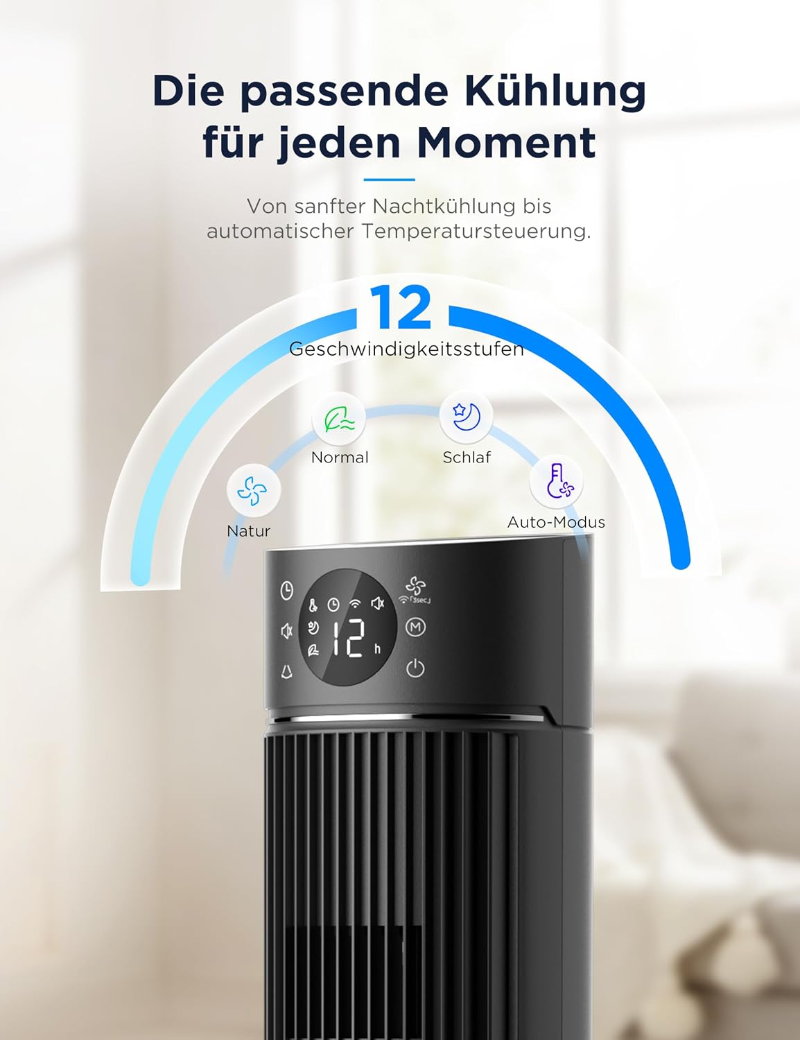 Midea FZ10-26ARDW Smart Leiser Turmventilator mit Fernbedienung, 19 dB Flüsterleise, DC-Motor, 4 Modi & 12 Stufen, 24h Timer, App-Steuerung für Schlafzimmer, Wohnzimmer & Büro, Schwarz, 105cm