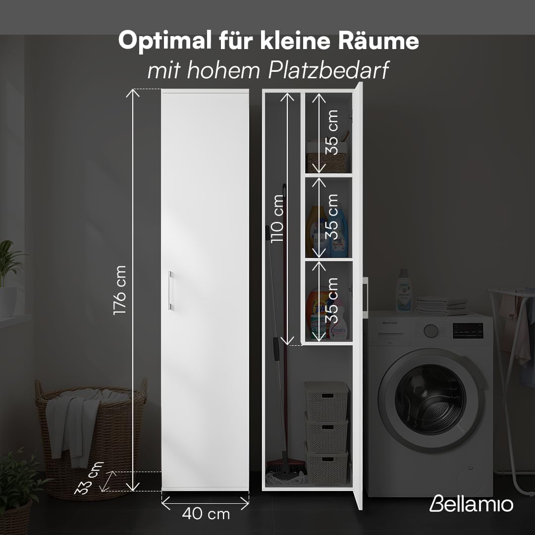Bellamio Apol Besenschrank - Mehrzweckschrank 40 cm breit Weiß - Vorratsschrank mit Staubsaugerfach - Putzschrank aus Holz - Flurschrank mit Stauraum - Haushaltsschrank - Allzweckschrank 176x33x40 cm