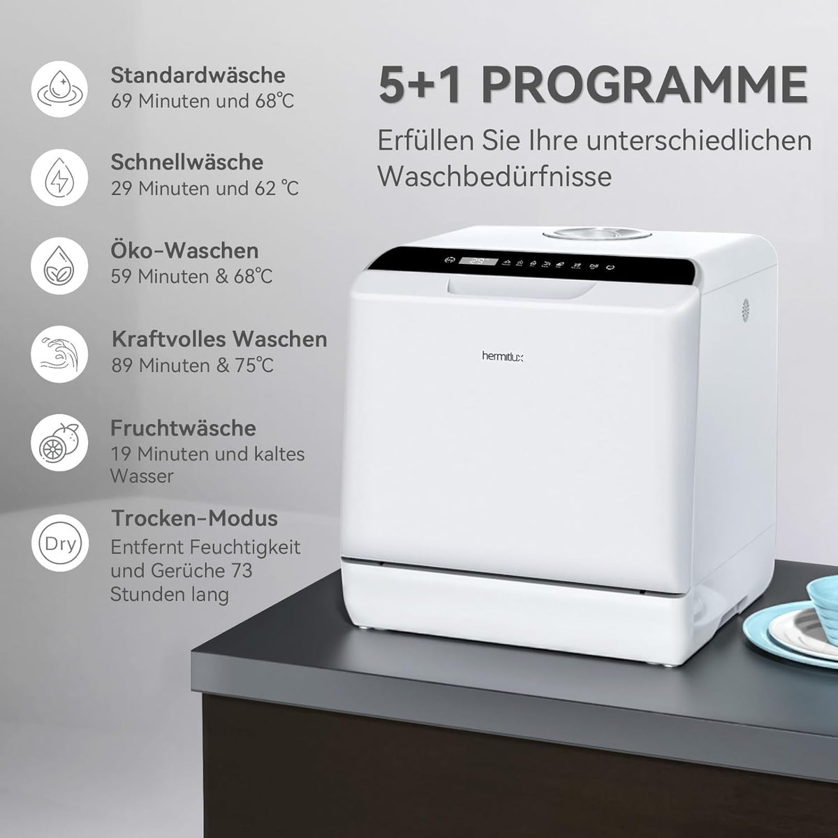 Hermitlux Mini Geschirrspüler, Spülmaschine für 4 Bestecksätze, 5 Liter Wassertank, 6 Programme Mini Tischgeschirrspüler, Perfekt für Wohnungen, Schlafsäle, Camping, Weiß