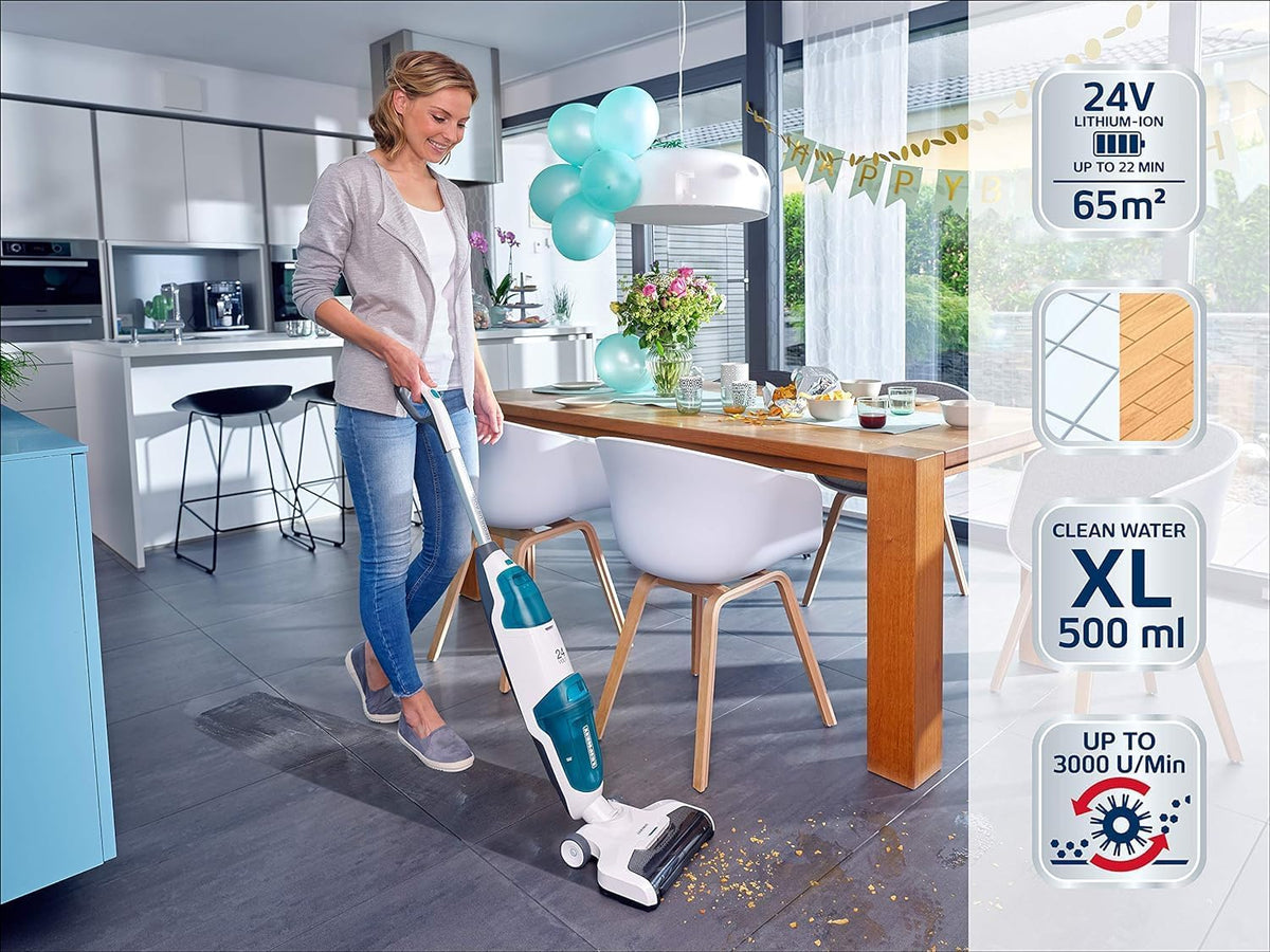 Leifheit Set Akku Saugwischer Regulus Aqua PowerVac inkl. Zubehör, saugen und wischen, Leichter Nasssauger mit leistungsstarken 24V, kabelloser Waschsauger mit 22min Akku-Laufzeit und Standfunktion