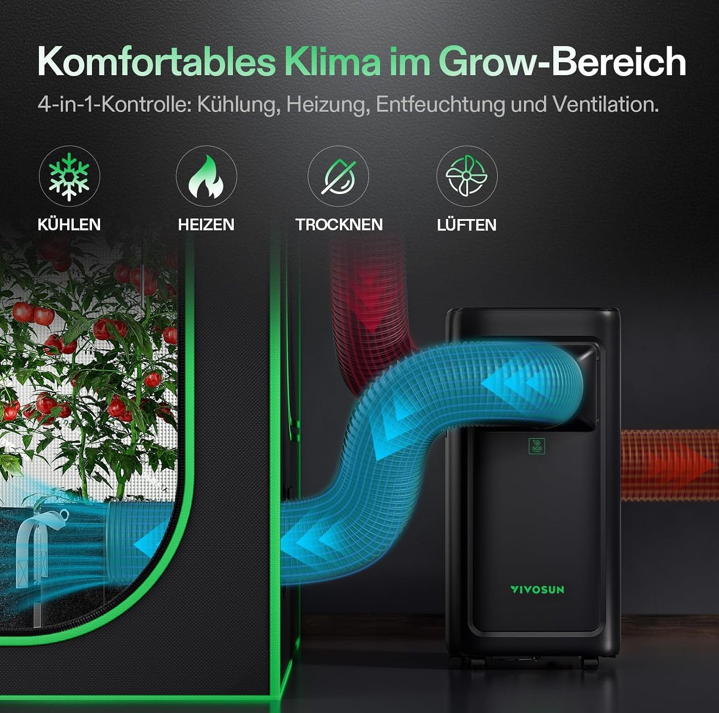 VIVOSUN Smart Klimaanlage, 7000 BTU, 4-in-1 Funktion mit Temperatur- & Feuchtigkeitssensor, Intelligente Fernbedienung, Ideal für Growzelte und Innenräume