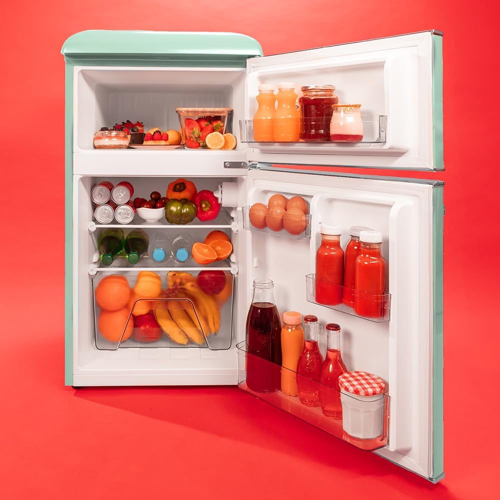 Cecotec Nevera Pequeña - Frigorífico 2 Puertas - Retro 86L - Bolero CoolMarket 2D Origin 86 Green E. 89,3cm de Alto y 48,7cm de Ancho, Clase Energética E, Icebox, Luz Interior y Tirador Cromado, Verde