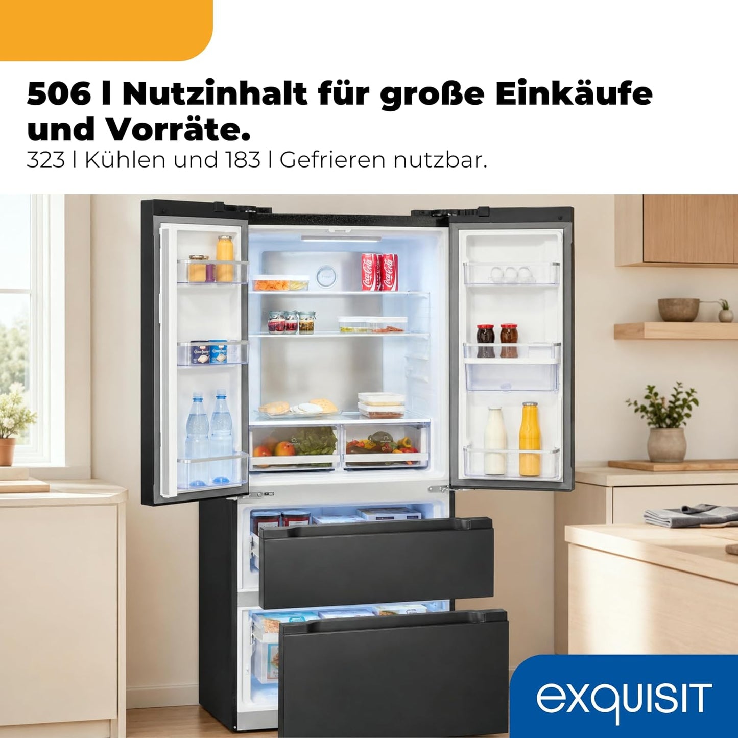 Exquisit Frenchdoor Kühl-Gefrierkombination | 506 l Nutzinhalt, Energieklasse E, 41 dB, No Frost Kühlen & Gefrieren, Schnellgefrieren, Wasserspender, LED, Elektronik | FD5490-160-WS-200E inoxlook-az