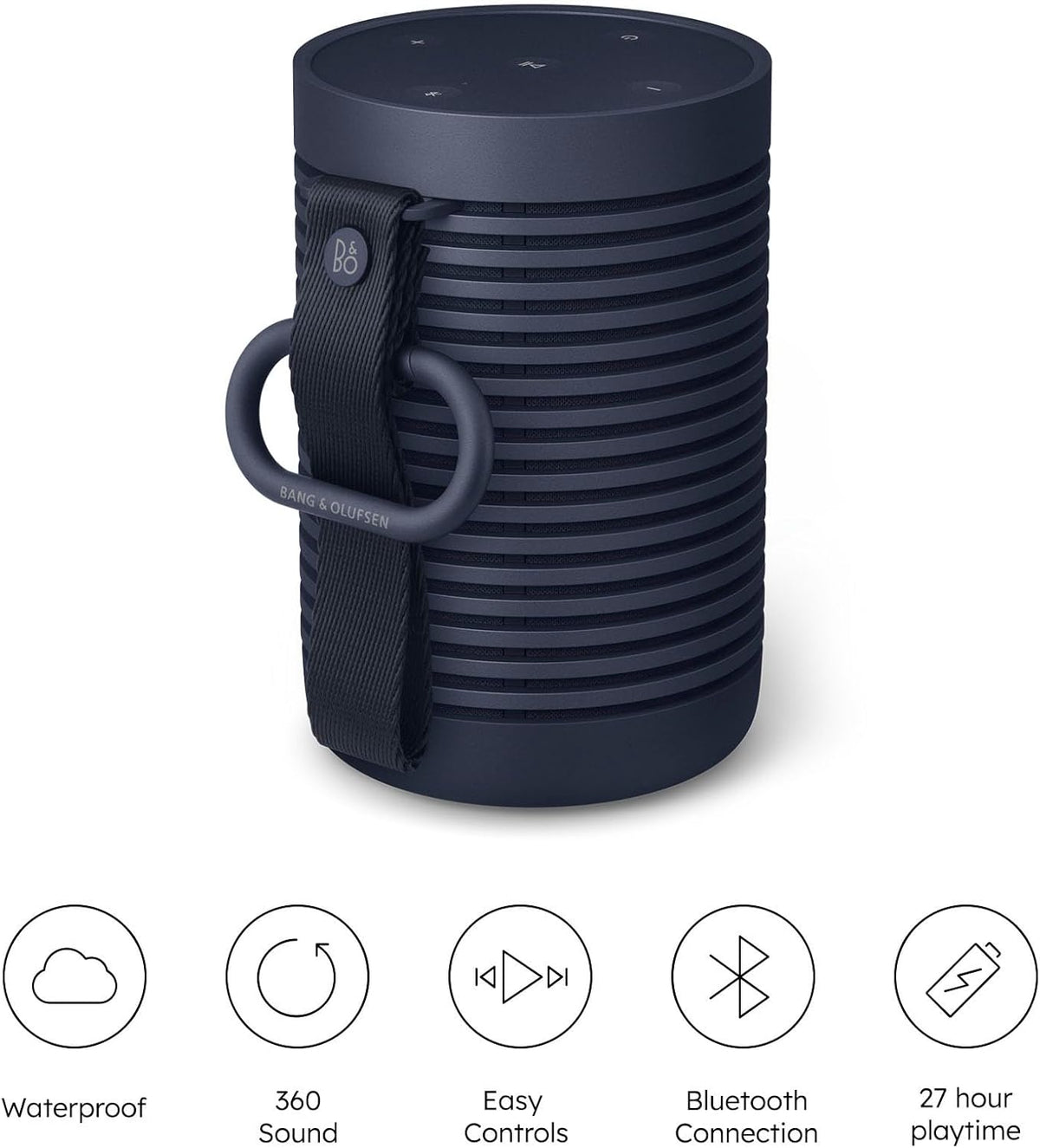 Bang & Olufsen Beosound Explore – Kabelloser tragbarer Bluetooth Outdoor-, Heim- und Reise, 27 Stunden Akkulaufzeit, wasserdichter 360° Lautsprecher + USB-C Ladekabel - Schwarz Anthracite