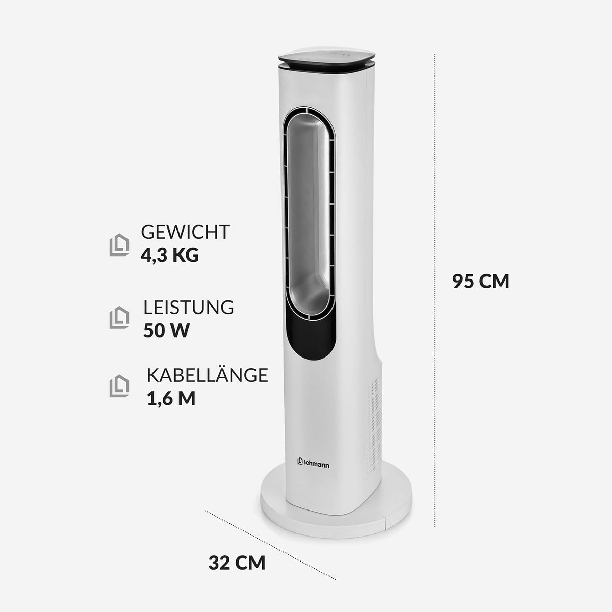 LEHMANN Turmventilator mit Fernbedienung & LED-Display, leiser Ventilator mit Schlafmodus, 15 h Timer, 3 Lichtfarben, 3 Modi, 3 Geschwindigkeiten, oszillierender Standventilator ohne Rotorblätter